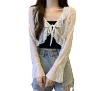 WLLDDDIU Damen Crop Cardigan Elegante Blumenspitze Wickel Bolero Top Strickjacke Glockenärmel Krawatte vorne Knoten Achselzucken sexy durchsichtiges Wickeloberteil transparenter Bikini ACH