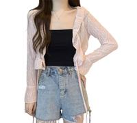 WLLDDDIU Damen Crop Cardigan Elegante Blumenspitze Wickel Bolero Top Strickjacke Glockenärmel Krawatte vorne Knoten Achselzucken sexy durchsichtiges Wickeloberteil transparenter Bikini ACH