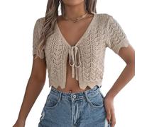 WLLDDDIU Damen Häkel Strickjacke mit Bindeband Vorne, Sommer Bolero Jacke, Ausgehöhlt, Kurzärmelig, Strickpullover, Oberteil, Leicht, Sommer Strand Überzug, Khaki, L