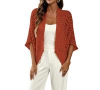 WLLDDDIU Damen Hohl Häkel Shrug Strickjacke mit Offenem Vorderteil Leichter Kurzärmeliger Bolero Jacke Leger Locker Sitzender Sommer Kimono Cover Up für Strandurlaub Orange S