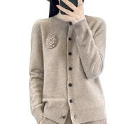 WLLDDDIU Damen Kaschmir Strickjacke Rundhals Button Front Cardigan Pullover Leichter Langärmeliger Gestrickter Pullover mit Blumenstickerei Weicher Warmer Herbst Winter Strickwaren Camel M