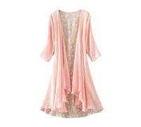 WLLDDDIU Damen Kimono Cardigan Aus Spitze, 3/4 Ärmel, Offene Vorderseite, Transparenter Chiffon Überwurf, Eleganter Langer Bolero Stola für Hochzeiten, Abendveranstaltungen, Sommer, Freizeit, Ros
