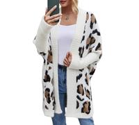 WLLDDDIU Damen Lange Strickjacken Mode Gepard Druck Vorne Strickjacke Lange Fledermausärmel Casual Strickpullover Mäntel Bequem Flauschig Flauschig Strickpullover Tops Weiß S