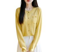WLLDDDIU Damen Merinowoll Cardigan, Langarmliger Crewneck Pullover, Leichter Stricktrick, Pullover mit Herzknöpfen, Schicke, Ausgefranste Strickkante, Obere Herbst Strickkleidung, Oberschicht Gelb S
