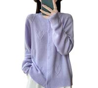 WLLDDDIU Damen Merinowoll Strickjacke, Rundhals Herz, Jacquard, Langärmliger Gestrickter Pullover, Leichter Button Down Cardigan Pullover, Weiche, Warme Herbst Winterstrickwaren Hellviolett L