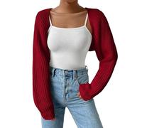 WLLDDDIU Damen Sommer Cardigan mit Offener Vorderseite, Langen Ärmeln, Geripptem Strick Boleros, Pullover, Kurzes Shrug Top, Leichte, Elegante Schulterjacke für Urlaub und Ausgehen, Weinrot, L