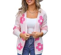 WLLDDDIU Damen Strickjacke Weiche Lange Ärmel Casual Strickjacke Pullover Vorne Offen Boho Blume Stickerei Strickmantel Lockere Passform Leichte Oberbekleidung Strickwaren Weiß L