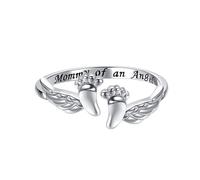 WLLDDDIU Ein Liebevolles Geschenk für Mama: Baby-Fußabdruckring Aus 925Er Sterlingsilber, Verstellbar, Stapelbar, mit Engelsflügeln, Daumenring, Erinnerungsschmuck für Frauen