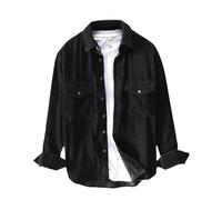 WLLDDDIU Herren Cord Button Down Hemden Langarm Casual Shacket Jacke Western Cord Hemd Jacke Tops Loose Fit Herbst Winter Mäntel mit Klappentaschen Schwarz Xs