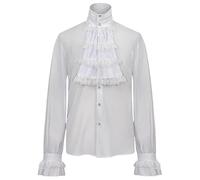 WLLDDDIU Herren Hemd, Herren Gothic Mittelalter Hemd Langarm Vintage Kostüm Top mit Jabot Kragen Wikinger Pirat Faltenmanschetten Hemd Lockere Passform Retro Renaissance Cosplay Bluse Tops Weiß L