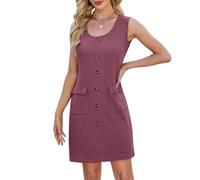 WLLDDDIU Lässiges, Ärmelloses Damen Tankkleid Aus Waffelstrick mit Knopfleiste und Taschen, Weich und Bequem, Ideal Als Strandkleid, Strandkleid Oder für Den Alltag, In Ziegelrot, Größe XL