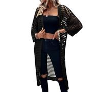 WLLDDDIU Langer Damen Cardigan leicht gestrickt ausgehöhlt Bolero Shrugs eleganter Kimono Cardigan mit 3/4 Ärmeln Boho Shrugs Strickjacke (DE/NL/SE/PL, Alphanumerisch, XL, Regular, Regular, Schwarz)