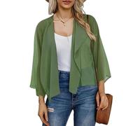 WLLDDDIU Oversized Chiffon Kimono Cardigan für Damen, Lockere Passform, 3/4 Ärmel, Offenes Crop Top, Leichtes, Transparentes Sommer Cover Up für Den Alltag, Übergrößen S XXL, Erbsengrün, XL