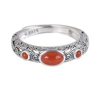 WLLDDDIU Ring Aus 925Er Sterlingsilber,Verstellbarer Ring Aus 925Er Sterlingsilber für Damen, Retro Stil, Hohle Wasserwellen Creolen, Eingelegt mit Rotem Achat, Statement Stapelring, Offener Ring,