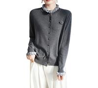 WLLDDDIU Rüschenkragen Cardigan Pullover für Damen Kunst Woll Strickjacke Hemd mit Langen Ärmeln Gestrickter Pullover, Schicke Herbst Oberbekleidung, Strickware für Den Alltag, Grau L