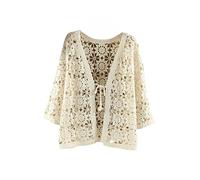 WLLDDDIU Strickjacken für Damen,Damen Blumen Häkel Strickjacke mit Bindeband Vorne, Leicht, Kurze Bolero Jacke mit 3/4 Ärmeln, Elegante Bluse, Bauchfreie Tops, Sommer Strandüberzug für Kleider,