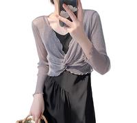 WLLDDDIU Strickjacken für Damen,Damen Langarm Bolero, Shrug, Sexy, Durchsichtiges, Gekreuztes Netz Crop Top, Lässiges Workout, Armstulpen, Schal, Leicht, Dehnbar, Sommer, Basic Überzug, Grau, M