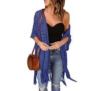 WLLDDDIU Strickjacken für Damen,Damen Strickjacke mit Offener Vorderseite, Sommer, Hohle Häkelquaste, Boleros, Shrugs, Lässige Pullover Oberteile mit 3/4 Ärmeln, mittellang, Leicht, Kimono Über