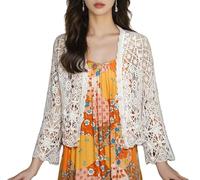 WLLDDDIU Strickjacken für Damen,Kurzes Bolero Shrugs für Damen mit Knopfleiste, Leicht, Langärmelig, Geblümt, Häkel Cardigan, Elegante Strick Shrugs Jacke, Sommer Crop Tops, Überwurf für Klei