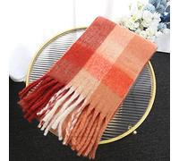 WLLDDDIU Strickschal Damen,Winterschals Orange Rot Weicher Warmer Schal Dicke Decke Quaste Gitter Patchwork Kaschmir Gefühl Schal Lang Großer Winterschal Trendige Stola Schals Für Frauen Mädchen