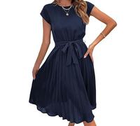 WLLDDDIU Swing Kleidsommer-Midi-Wickelkleid für Damen, Rundhalsausschnitt, Kurze Ärmel, Einfarbig, Plissiertes Kleid, Elegantes (DE/NL/SE/PL, Alphanumerisch, XXL, Regular, Regular, Dark Blue)