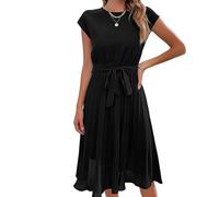 WLLDDDIU Swing Kleidsommer-Midi-Wickelkleid für Damen, Rundhalsausschnitt, Kurze Ärmel, Einfarbig, Plissiertes Kleid, Elegantes (DE/NL/SE/PL, Alphanumerisch, L, Regular, Regular, Schwarz)
