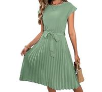 WLLDDDIU Swing Kleidsommer-Midi-Wickelkleid für Damen, Rundhalsausschnitt, Kurze Ärmel, Einfarbig, Plissiertes Kleid, Elegantes (DE/NL/SE/PL, Alphanumerisch, L, Regular, Regular, Mint Green)
