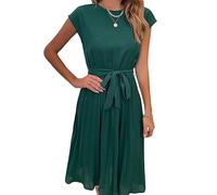 WLLDDDIU Swing Kleidsommer-Midi-Wickelkleid für Damen, Rundhalsausschnitt, Kurze Ärmel, Einfarbig, Plissiertes Kleid, Elegantes (DE/NL/SE/PL, Alphanumerisch, L, Regular, Regular, Dark Green)