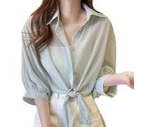 WLLDDDIU Transparente Chiffonbluse für Damen mit Bindeband Vorne, Lässig, mit Hochkrempelbaren, Halblangen Ärmeln und Knopfleiste, Locker Geschnitten, Kurzer Bolero, Leichtes Sommer Cover Up für