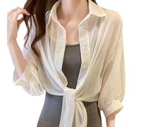 WLLDDDIU Transparente Chiffonbluse für Damen mit Bindeband Vorne, Lässig, mit Hochkrempelbaren, Halblangen Ärmeln und Knopfleiste, Locker Geschnitten, Kurzer Bolero, Leichtes Sommer Cover Up für
