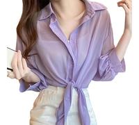 WLLDDDIU Transparente Chiffonbluse für Damen mit Bindeband Vorne, Lässig, mit Hochkrempelbaren, Halblangen Ärmeln und Knopfleiste, Locker Geschnitten, Kurzer Bolero, Leichtes Sommer Cover Up für