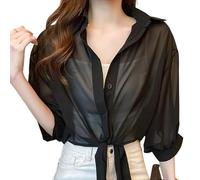 WLLDDDIU Transparente Chiffonbluse für Damen mit Bindeband Vorne, Lässig, mit Hochkrempelbaren, Halblangen Ärmeln und Knopfleiste, Locker Geschnitten, Kurzer Bolero, Leichtes Sommer Cover Up für