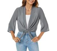 WLLDDDIU Transparenter Chiffon Bolero für Damen, 3/4 Ärmel, Bindeband Vorne, Kurze Strickjacke, Leichtes Sommerkleid, Ideal Als Überwurf für Brautkleider und Freizeit, Grau, XXL