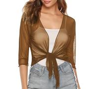 WLLDDDIU Transparenter Chiffon Bolero für Damen, 3/4 Ärmel, Bindeband Vorne, Leichte, Offene, Kurze Strickjacke, Ideal für Hochzeiten, Abendveranstaltungen, Strandpartys, Braun, Größe S