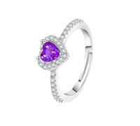 WLLDDDIU Verlobungsring mit Herzförmigem Amethyst Aus 925Er Sterlingsilber, Geburtsstein, Verstellbarer Offener Ringband, mit Simuliertem Diamanten.