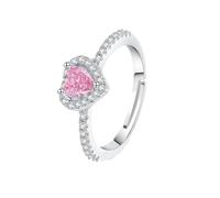 WLLDDDIU Verlobungsring mit Herzförmigem Naturstein für Damen, 925Er Sterlingsilber, Geburtssteinring, Verstellbare Offene Ringschiene, Simulierter Diamant, Rosa Kristall
