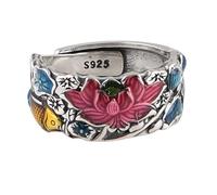 WLLDDDIU Verstellbarer Ring, 925 Sterling Silber Frauen Nationale Flut Ethnische Verstellbare Ringe Tropfende Glasur Lotus Koi Verstellbare Ringe Energie Charme Hochzeit Schmuck Geschenke Für Männ
