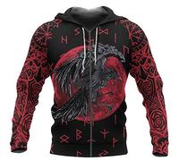 WLXW Herren Viking Hoodie, Nordic Odin Crow Tattoo 3D-Druck Sweatshirt, Vintage Heidnische Kleidung, Herbst Langarm Harajuku Street Pullover,Hoodie Zip,L
