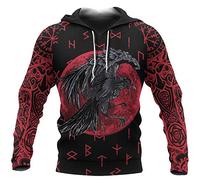 WLXW Herren Viking Hoodie, Nordic Odin Crow Tattoo 3D-Druck Sweatshirt, Vintage Heidnische Kleidung, Herbst Langarm Harajuku Street Pullover,Hoodie,L