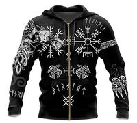 WLXW Hugin Und Munin Odin Crow Herren Wikinger Tattoo Nordische Mythologie 3D All Over Print Hoodie/Pullover/Sweatshirt, Bekleidung Casual Streetwear Für Vatertagsgeschenk,Black Zipper,L