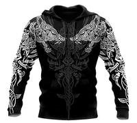 WLXW Vintage Odin Viking Tattoo 3D-Gedrucktes Sweatshirt, DIY Viking Bekleidungsjacke, Celtic Wolf Rune Cool Neutral Harajuku Street Herren Viking Pullover,Hoodie Zip,XL