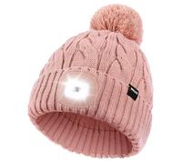 Wmcaps Mütze mit LED Licht Damen, Wiederaufladbare Type-C Strickmütze Bommelmütze mit 4 LED-Lichtern, Pudelmütze Leuchtmütze mit Lampe, Geschenkte Geschenk für Männer und Frauen, Rosa