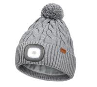 Wmcaps Mütze mit LED Licht, Type-C Wiederaufladbar mit Thermofleece Beanie, Wärmende Leuchtmütze mit Pom-Pom Für Damen, Grau