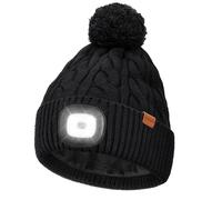Wmcaps Mütze mit LED Licht, Type-C Wiederaufladbar mit Thermofleece Beanie, Wärmende Leuchtmütze mit Pom-Pom Für Damen, Schwarz
