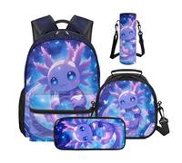 Wnbucioht Schulrucksack- und Lunchbox-Set für Kinder, Teenager, 4-in-1, für Jungen und Mädchen, Schulranzen-Set mit Wasserflaschenbezug, Tasche, Federmäppchen, Lila Axolotl, One Size, Casual