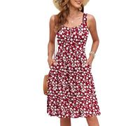 WNEEDU Damen Ärmelloses Sommerkleider Knielange Sommer Leichte Eckiger Ausschnitt Strandkleid Hohe Taillier Swing Freizeitkleid mit Taschen Roter Blumendruck 2XL