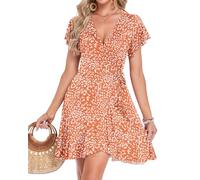 WNEEDU Damen Sommerkleid V Ausschnitt Kurzarm Wickelkleid Elegant Hohe Taille Strandkleid Sommer Leicht Luftig Freizeitkleid Orangen Blatt S