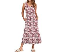 WNEEDU Damen Sommerkleider Lang Strandkleider V-Ausschnitt Maxikleider Ärmellos Empire Kleider mit Taschen Kleine Rote Blumen L