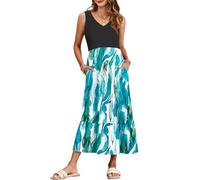WNEEDU Damen Sommerkleider Lang Strandkleider V-Ausschnitt Maxikleider Ärmellos Empire Kleider mit Taschen Bunter Grüner Block L