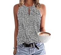 WNEEDU Damen Tank Top Sommer Ärmellose Oberteile Tops V-Ausschnitt Sexy Tanktops Lässiges Strand Shirts Blusentop Schwarze weiße Blume M